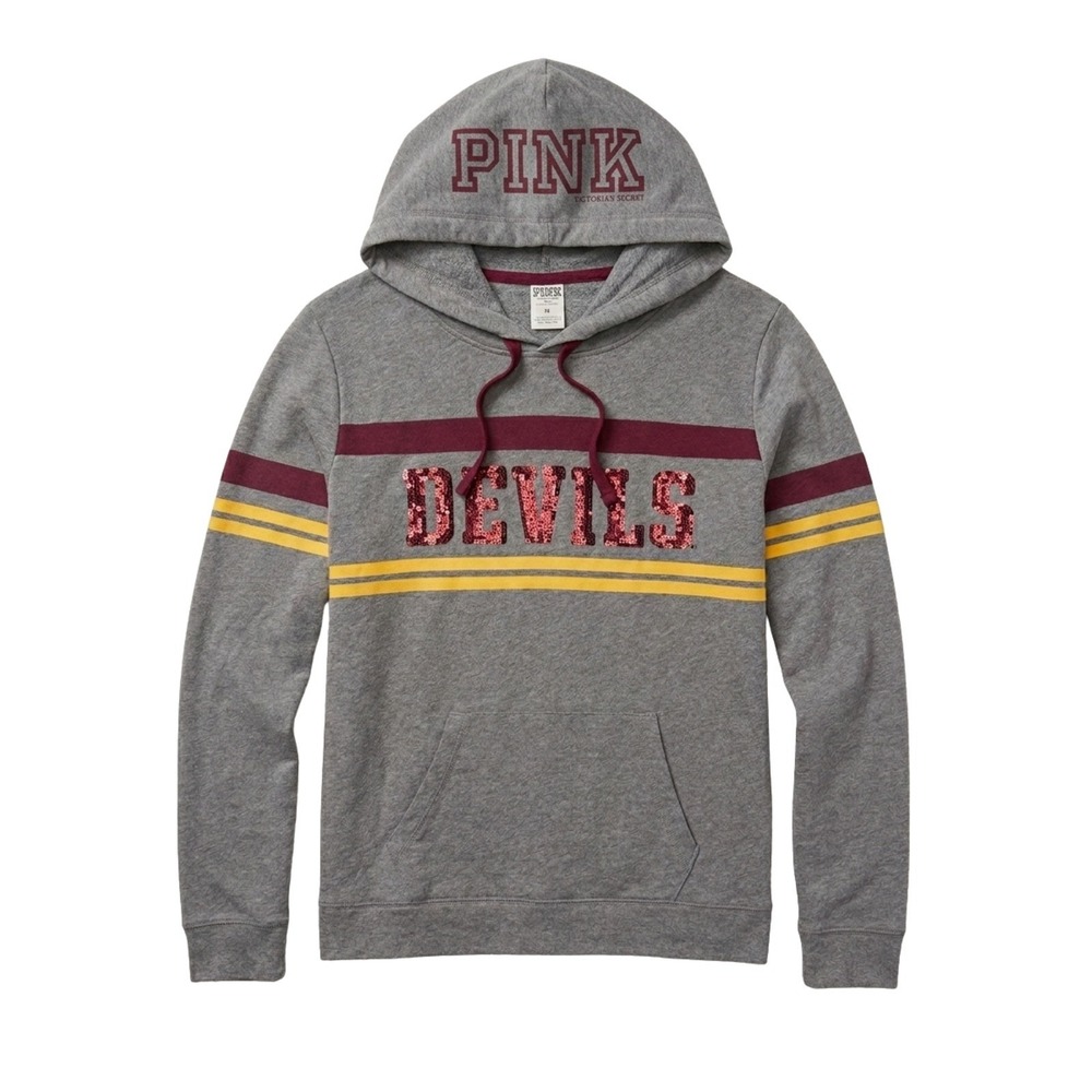 Victoria Secret PINK Devils Hoodie Medium Gray Sequin Pullover Sweatshirt